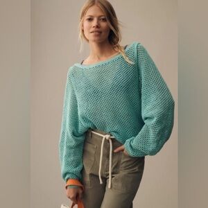 Anthropologie Pilcro Crewneck Sweater Turquoise XS Spring Knit Coastal Summer
